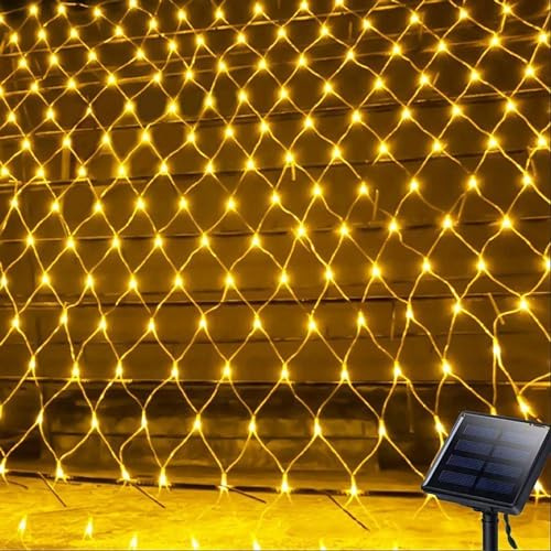 EHOFUN Cadena de luces solares de red impermeable, 1,5 m x 2 m, 120 LED, malla de red solar, luces de carámbano de hadas para exteriores, interiores, jardín, Navidad, boda, decoración de fiesta