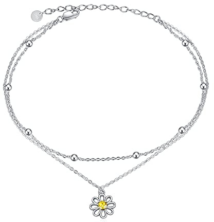 VONALA 925 Sterling Silber Gänseblümchen/Böses Auge/Schmetterling/Sonnenblume/Stern Fußkettchen, Doppelkette Schmuck für Frauen Mädchen