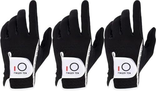 FINGER TEN Guanti da golf da uomo, mano sinistra e destra, con presa antipioggia, confezione da 3, guanti da golf da uomo, adatti per tutte le condizioni atmosferiche, caldi, bagnati, taglia S, M, ML,