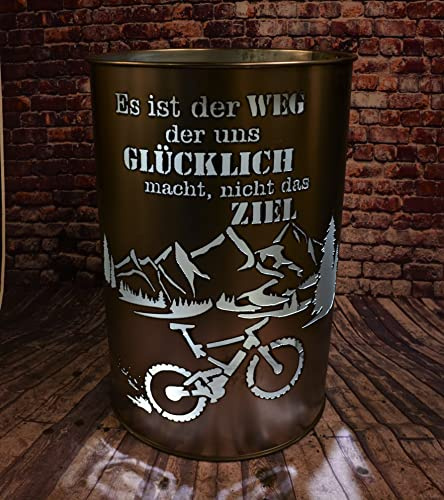 Fuchsbau Feuertonnen Feuertonne mit - Mountainbike - Motiv - Gefertigt aus neuem Ölfass - Besondere Feuerstelle für Garten und Terrasse - Hohe Feuerschale mit Rostoptik - 90 x 60 cm