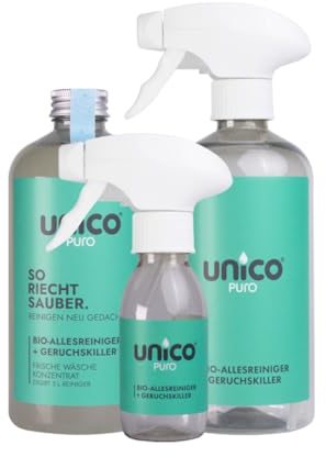 unicopuro® Allesreiniger Starter-Set Frische Wäsche – 500 ml Konzentrat = 5 L – inkl. 500 ml & 100 ml Sprühflaschen + Soft-Touch Microfasertuch – biologisch abbaubar, Geruchskiller, in 7 Düften