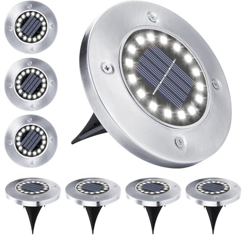 BrizLabs Lot de 8 Lumière Solaire Jardin, 16 LED Lampe Solaire Au Sol Extérieure Spot LED Solaires Encastrable Etanche Lampe Decorative pour Chemin Terrace Pelouse Cour Escaliers, Blanc Froid
