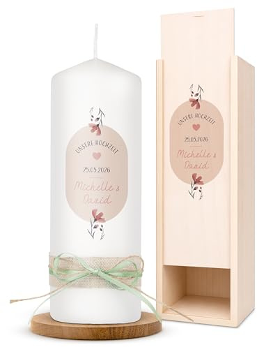 AMARI ® Hochzeitskerze personalisiert Rose 20/7 cm - mit Namen & Datum – Elegante Traukerze für Hochzeit & Standesamt – Individuelles Geschenk zur Trauung