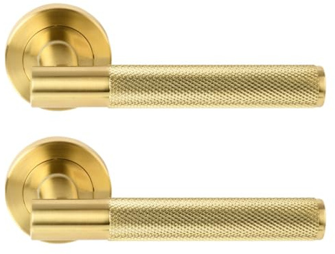 Hunta HANDLEZONE® Evo Knurled Grip Lever On Round Rose Door Handles, Internal Passage Latch Handles, 1 Set - Brushed Brass