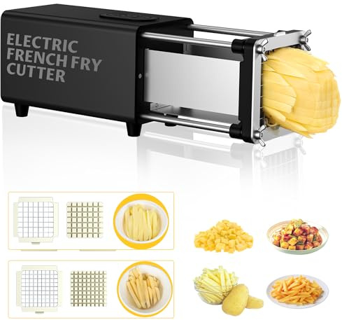 YOTAN Electric French Fry Cutter, French Fry Cutter with 1/2 & 3/8 Inch Blade, Commercial and Household Electric Potato Cutter, Automatic Potato Slicer, Vegetable Cutter, House Warming Gifts (Black)