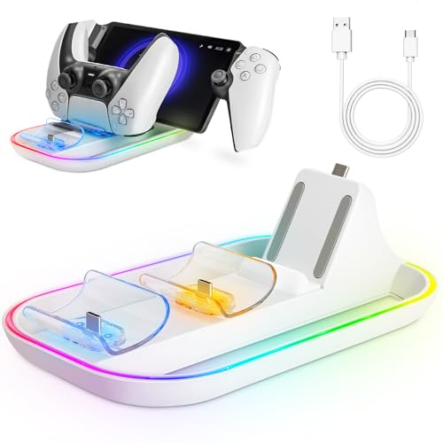 Charging Dock for Playstation Portal Remote Player and PS5 Controller, Tendak Docking Station for PS Portal Remote Player with 14 RGB Lights and Type-C Cable, Portable Charging Station for PS5 Portal