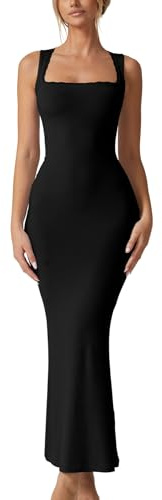 QINSEN Women's Square Neck with Lace Detail Long Maxi Dress Sleeveless Lounge Ribbed Full Length Dresses Black XS
