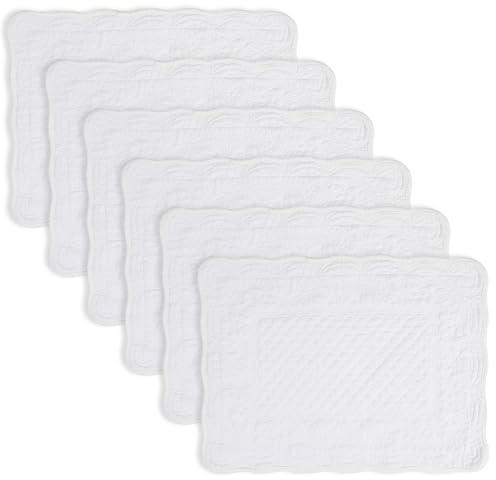 Gesteppte Tischsets aus 100% Baumwolle, rechteckig, maschinenwaschbar, 33 x 45,7 cm, für Küche oder Esstisch, rechteckig, 33 x 45,7 cm, Weiß, 6 Stück