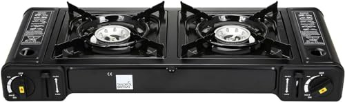 Dual Burner Portable Camping Stove - EN417 Compliant Premium Portable Butane Gas Camping Stove - Automatic Ignition and Heat Control - Dual Cast Aluminium (Stove)