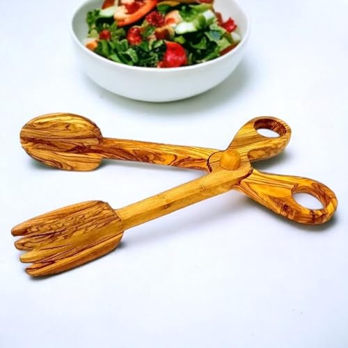 2-in-1 Olive Wood Salad Tongs and Scissors | Kitchen Tools Utensils | Salad Server Set | 26cm | Resistant and Easy to Clean