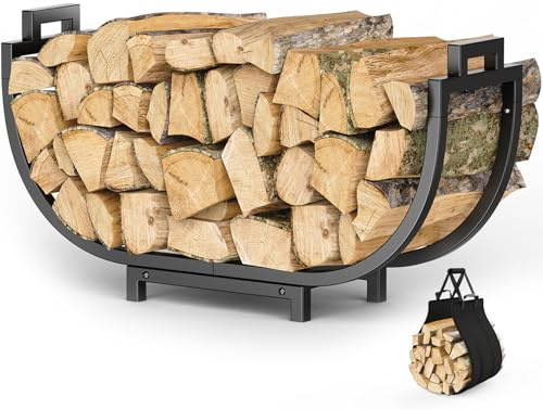 Mutool Estante de leña en forma de U con soporte de lona, soporte de leña de metal para interiores y exteriores, cesta de madera resistente para almacenamiento de leña en chimenea, color negro