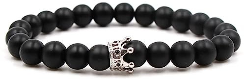 Tolldek 8mm Naturstein Armband, Krone Anhänger Damen & Herren Armband, Echten Natursteinen Partnerarmband für Ihn & Sie, 19CM, Schwarz Silber