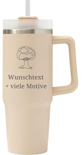 XXL Henkelbecher mit Name, Spruch, Motiv Gravur - Farbe creme, 900 ml - personalisierter Trinkbecher mit Deckel, Strohhalm, großer Kaffeebecher, Isolierbecher, Partybecher, Geschenkidee