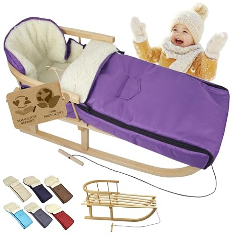 Kombi-erbjudande träsläde med ryggstöd och dragrep universell vinteråkpåse (108 cm), även lämplig för babystol, barnvagn, buggy, av ull uni (lila)