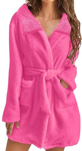 Damen Plüsch Gürtel Bademantel Khaki Fleece Morgenmantel mit Taschen Warm Winter Damen Nachtwäsche Gemütlich Leicht Lounge Robe Flauschige Home Nachtwäsche Relaxed Fit Morgenmantel, hot pink, 3XL