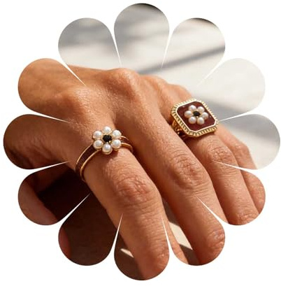 Cybche Anello vintage con fiore di perla Anello con sigillo quadrato Anelli quadrati marroni Anelli floreali con perle Bang quadrato Gioielli aperti regolabili per le donne