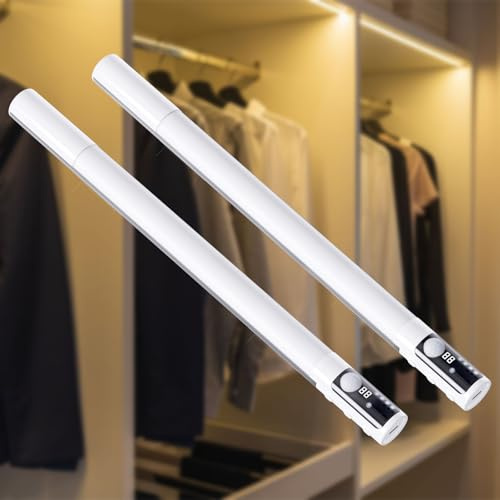 Quntis 38cm Schrankbeleuchtung Kabellos mit Anzeige & Bewegungsmelder 3 Farben Unterbauleuchte Küche LED Schranklicht Dimmbar 2000mAh USB Lichtleiste Flur Bad Keller Kleiderschrank Zimmer Weiß 2er Set