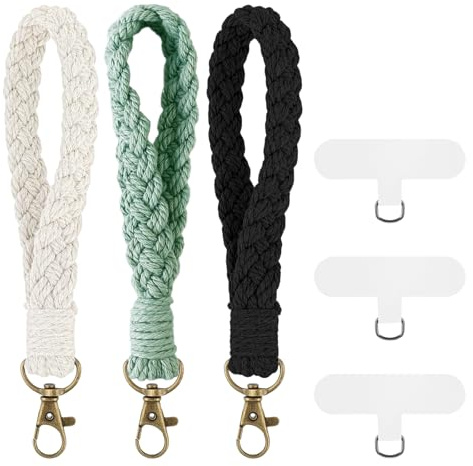 Disnace 3 Piezas Llavero Pulsera Trenzada, Llavero de Cordón de Muñeca, Llaves de Coche, Hecho a Mano Pulsera Equipado con Una Anilla en D Transparente en Forma de T (Beige, Negro, Verde)