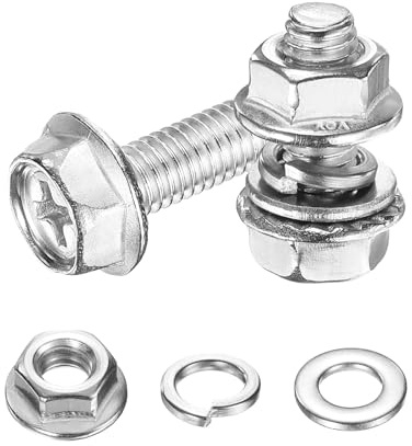 sourcing map Tornillos de cabeza hexagonal con brida M6 x 16 mm, 20 tornillos hexagonales de brida de acero inoxidable 304 con tuercas, arandelas planas y de bloqueo, totalmente roscados, para la