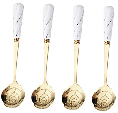 Gatuida Cucharas De De Acero Inoxidable Mango De Cerámica Ergonómico 11,5 Cm, Cucharas Mezcladoras Creativas Para Postres y Bebidas, Set De 4 Piezas Color Platino