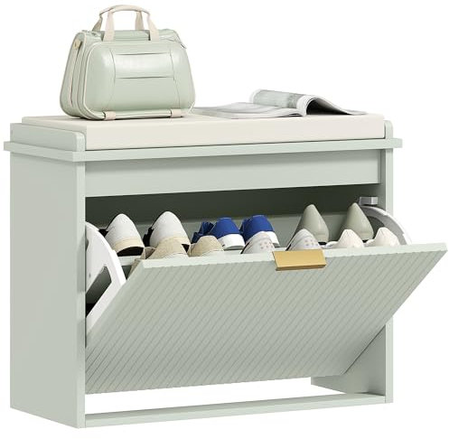 HOMCOM Shoe Bench with Padded Seat Cushion and Flip-Drawer, Shoe Cabinet Holds up to 120kg for Hallway, Entryway and Porch, 62x26x47.5cm, Green