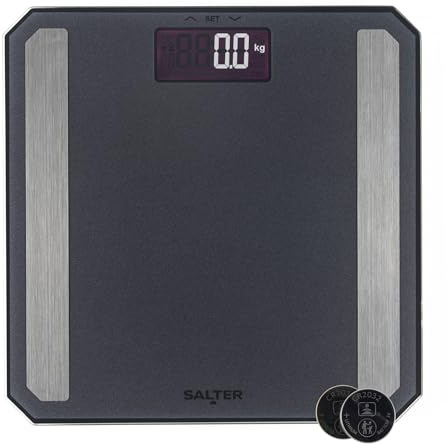 Salter Pèse-personne numérique noir mat, graisse corporelle/eau, masse musculaire, masse osseuse, BMR et IMC, écran LCD électronique, capacité de 180 kg, mémoire 8 utilisateurs, mode athlète, finition