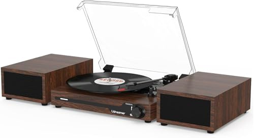 Udreamer Plattenspieler mit 2 Dual-Stereo-Lautsprechern, Vintage Plattenspieler Bluetooth 5.3 unterstützt 3 Geschwindigkeiten, AUX-In, Cinch-Line, USB, kabellose Wiedergabe, Nussbaum