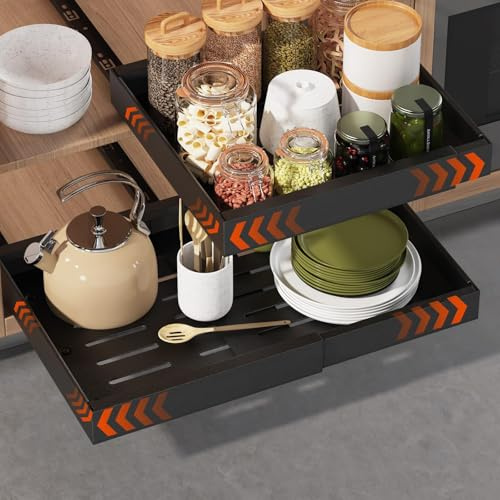 Landmok Teleskopschublade, Ausziehbare Schublade Küche(32-52 cm B x 43 cm T x 7.6 cm H), Einstellbare Breite Schrank Organizer - Ohne Bohren, Schwarz