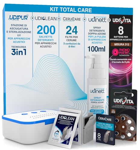 8 Pilas para Audífonos Tamaño 312 PR41 + 200 Toallitas Limpiadoras Udiclean + Spray Cepillo Integrado Udinett 100ml + 24 Filtros de Cera CeruCare + Estación Multifunción 3en1 Udipur - Kit Total Care