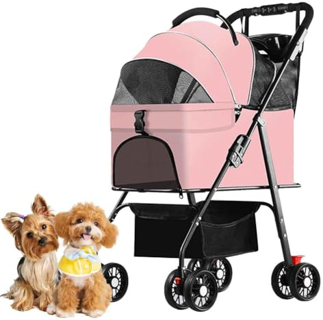 PJDDP hundvagn för små hundar 15 kg, kattvagn med avtagbar bärsele, hundvagn med förvaringskorg och mugghållare, hopfällbar med ett klick för dagliga promenader och utomhusbruk,Pink