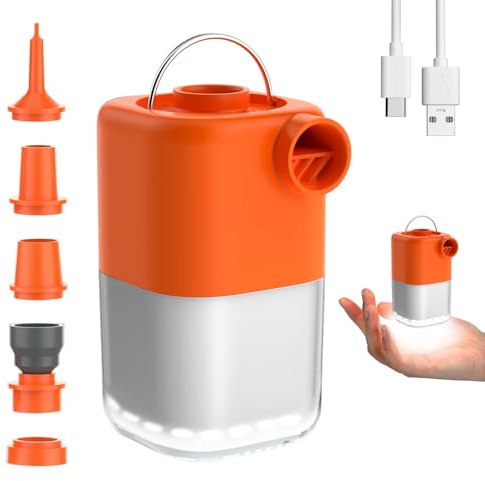 Pompe électrique Portable 4000kPa pour Matelas Gonflable, Pompe à air électrique 3000mAh Rechargeable avec Camping Lampe, Peut Gonflage et Dégonflage, Orange