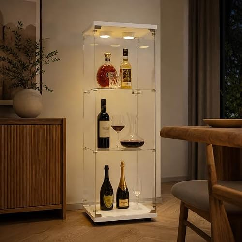 MGMYM Vitrine en verre avec porte, étagère d'angle avec lumière et serrure, pour salon, bureau, objets de collection (blanc, 1 porte, 3 étagères + lumière)