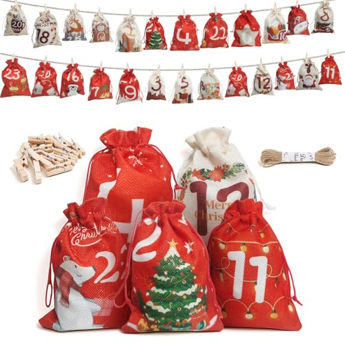 Adventskalender zum Befüllen, BLISSIQUEE [24 Stück] Adventskalender Tüten Groß, 2 Größen Weihnachtskalender Selbst Befüllen Stoff,DIY Geschenktüten Säckchen Bastelset Adventstüten