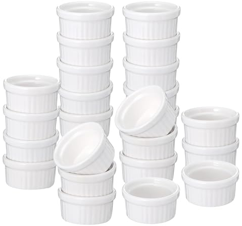 24 Pcs 1 oz Mini Ramekins, White Ceramic Souffle Dishes & Custard Cups, Oven Dishwasher Microwave Safe Small Baking Bowls for Creme Brulee, Pudding, Sauce, Charcuterie