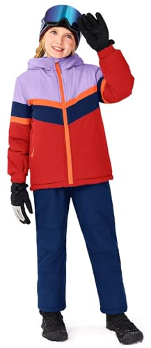 Haloumoning Girls 2 Piece Snowsuit Kids Waterproof Hooded Jacket and Snow Bibs Winter Ski Suit 5-14Y