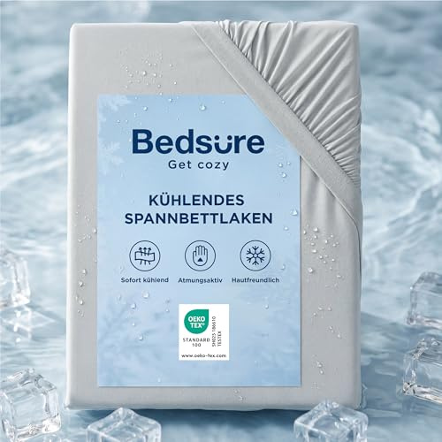 Bedsure kühlendes Spannbettlaken kühlende Bettlaken - 180x200cm+40cm, Grau | Bis 40cm Steghöhe für hohe Matratzen und Boxspringbetten, weich, bequem und glatt, Q-MAX 0,4, Oeko-TEX zertifiziert