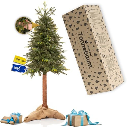 Springos Albero di Natale artificiale 180 cm su tronco abete naturale artificiale con 304 punte e tronco in vero legno, albero di Natale piccolo per decorazioni festive