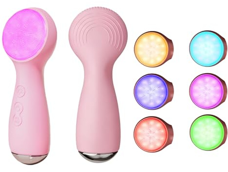 Spazzola per il lavaggio del viso in silicone a LED colorato, con vibrazione sonica, con sensazione di calore, 3 modalità e manico ergonomico, spazzola elettrica impermeabile per il viso a casa, spa e