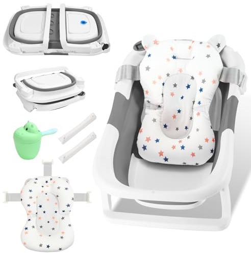 Eikuavons Bañera doble plegable para bebé, color gris, compacta, con cojín de baño suave, función antideslizante y tapón de agua reactivo a la temperatura, estable, ahorra espacio