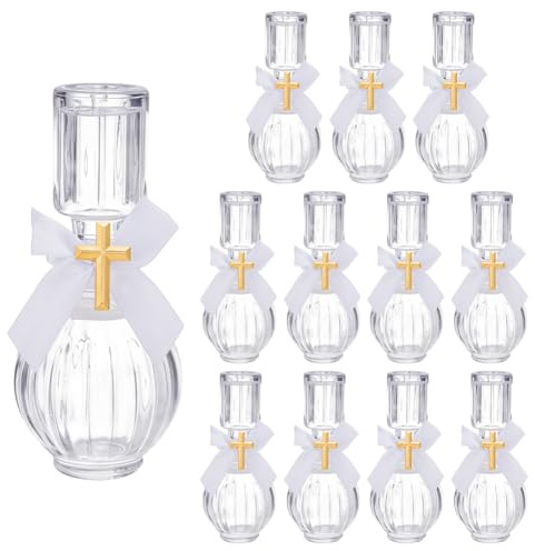 OLYCRAFT 12 set Bottiglie di Acqua Santa Contenitore per Acqua 50ml Bottiglia di Vetro Vuota con Spilla A Croce Fiocco di Nastro Bottiglie Decorative Contenitore Sacro Vuoto per Feste di Matrimonio