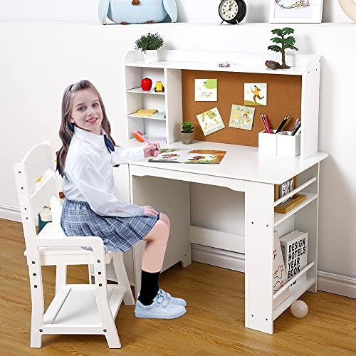 Niwugady Schreibtisch Kinder mit Höhenverstellbare Stuhl, Schülerschreibtisch Schreibtisch für Kinder mit Bücherregal, Schrank & Pinnwand, Kinderschreibtisch für Jungen und Mädchen ab 3 Jahren, Weiß