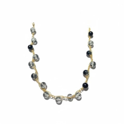 Collana girocollo artigianale fatta a mano, lavorata all'uncinetto con filato prezioso Lurex oro e cristalli Sfera di luce Nero/Ghiaccio, chiusura moschettone anallergico - Idea regalo. Pezzo unico.