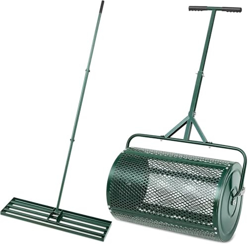 Set per La Cura del Giardino da 2 Pezzi, Spandiconcime da 24 Pollici E Rastrello Livellatore per Prato da 35 X 10 Pollici, Spandiconcime per Muschio di Torba, Spandiconcime A Spinta in Rete