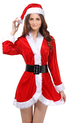 OULII 3Pcs Womens Weihnachtsmann-Weihnachtskostüm Cosplay Xmas Outfit-Abendkleid-reizvolles Set (freie Größe)