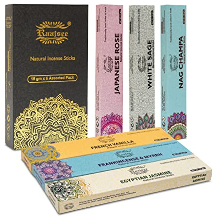 raajsee Incense Sticks 6 Pack Variety Set 15gm Each, Nag Champa- Jasmine - vanila-Japanese Rose-White Sage,100% Organic Hand Rolled- Perfect for Yoga, Meditation,Aromatherapy