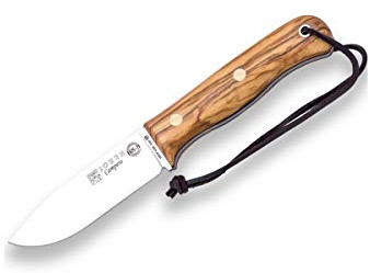 Joker Cuchillo de Caza Deportivo Campero CO118-P, Hoja de 10,5 cm, Mango de Madera de Olivo de 11,5 cm, Funda de Cuero marrón con pedernal, Herramienta de Pesca, Caza, Camping y Senderismo