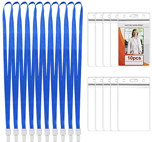 10Pcs Ausweishalter mit Umhängeband, Wasserdicht PVC ID kartenhalter, Ausweishüllen mit Blau Schlüsselband, Clear ID Ausweiskartenhalter Vertikaler Kartenhalter für Business Ausstellung Karten