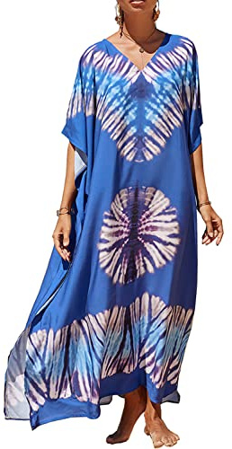 L-Peach Dam sommar lång strandklänning kimono maxi kaftan coverups, En kungsblå, en storlek