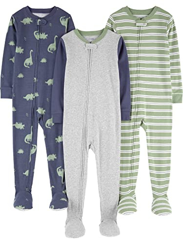 Simple Joys by Carter's Baby and Little Boys' 3-Pack Snug-Fit Footed Pajamas, Olive Dinos, 12 Months