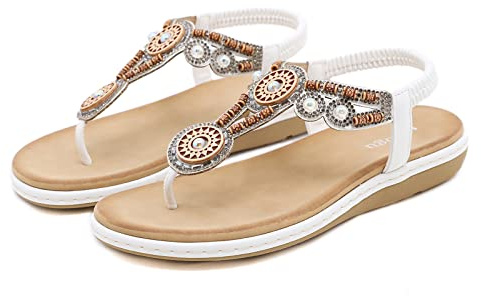 FOGOIN Sandals Womens Ladies Flat Toe Post Bohemian Sandals | Summer Flip Flops, PU Leather, Comfortable, Lightweight, Non-Slip, Walking Sandals, Thongs Beach Shoes